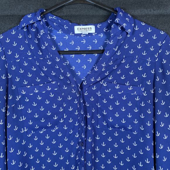 Express Womens Shirt Blue White Anchor Portofino Long Sleeve Button Down XS - Picture 2 of 14